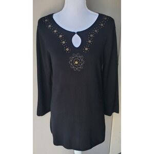 West End Top Womens Medium Black Tan Floral Beaded Southwestern Boho Lagenlook